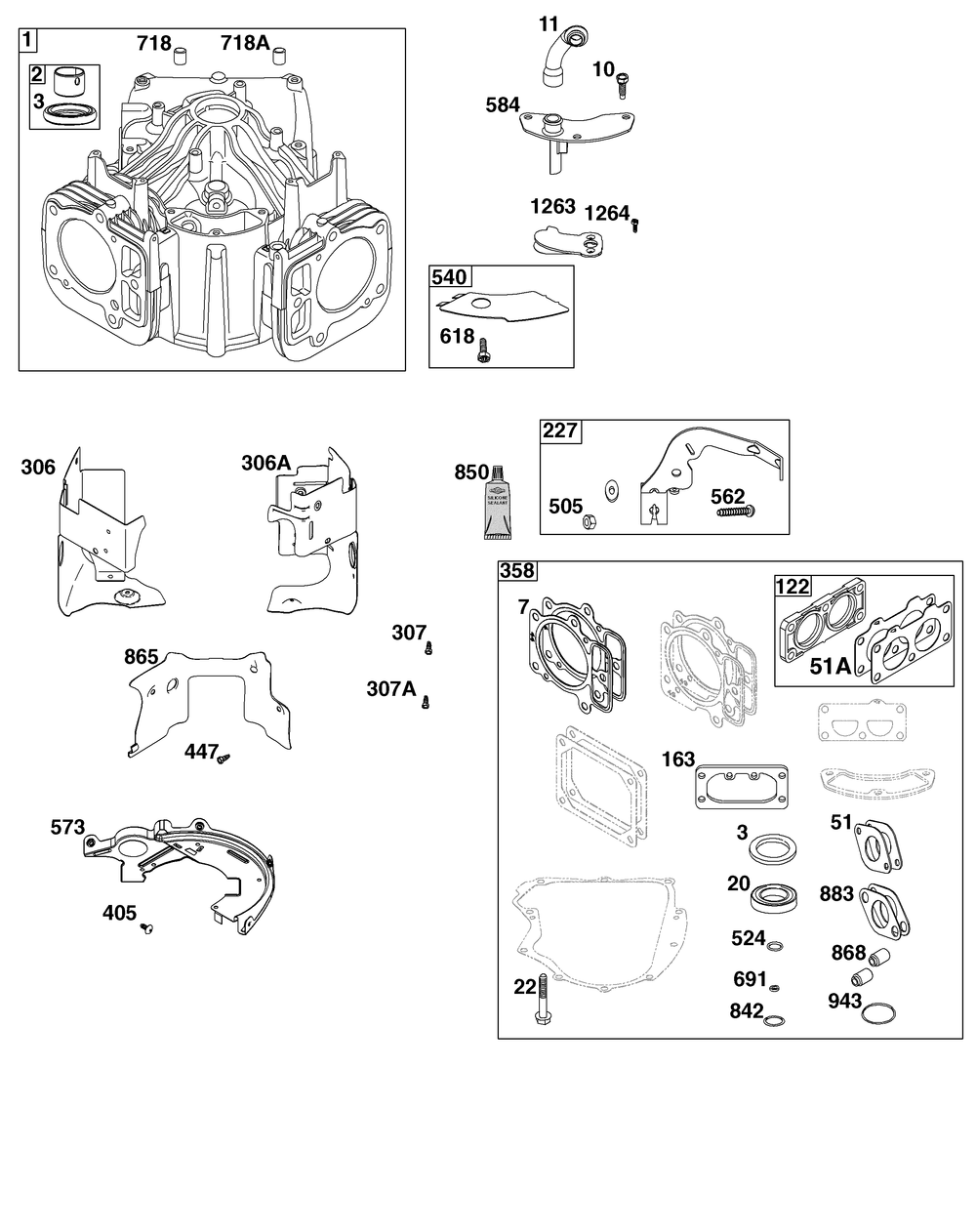 Cylinder Group Diagram and Parts List for 44T977-0055-B5 400000 - 699999 Briggs and Stratton Engine